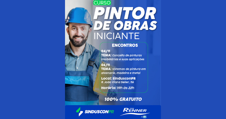 SindusconPR e Tintas Renner promovem curso gratuito de Pintor de Obras para iniciantes